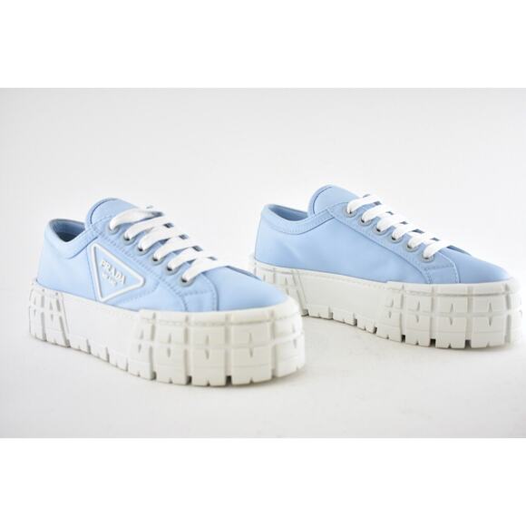 Prada Cielo Blue Nylon White Platform Lug Sole Flat Low Top Trainer Sneaker 37 - Picture 4 of 12